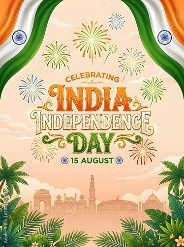 Colorful vertical poster for 15 August India Independence Day celebration featuring bright fireworks, framing curtains, and a silhouette of national monuments.