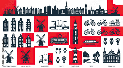 Amsterdam Cityscape Silhouette: Windmills, Canals, Tulips, Bikes, and Architecture