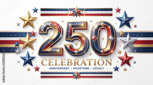 Patriotic 250th anniversary celebration logo, semiquincentennial milestone emblem with stars and stripes, 250 years legacy commemorative graphic