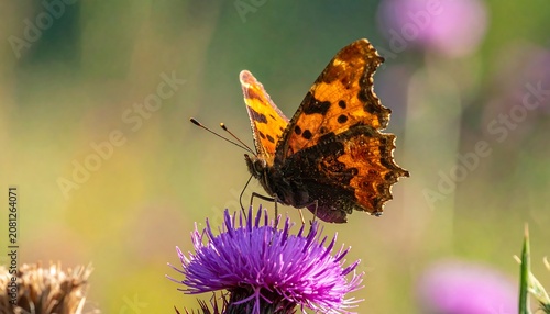 Close-up of a comma butterfly perched atop a vibrant purple thistle flower in soft sunlight