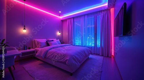 Modern luxury bedroom interior with vibrant neon purple and pink lighting