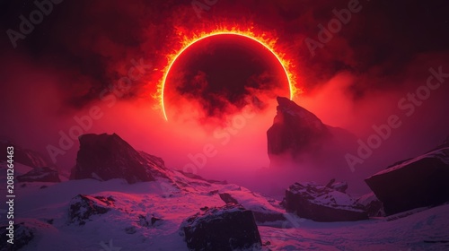 Fiery solar eclipse over a dark snowy mountain landscape with red glowing sky