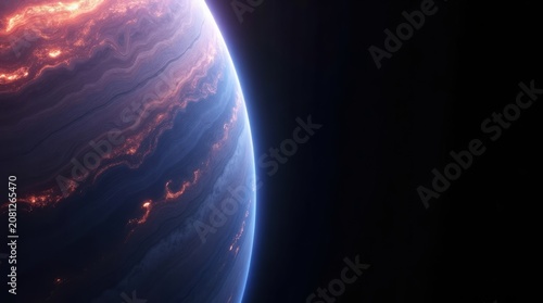 Glowing molten planet surface in deep space dark background