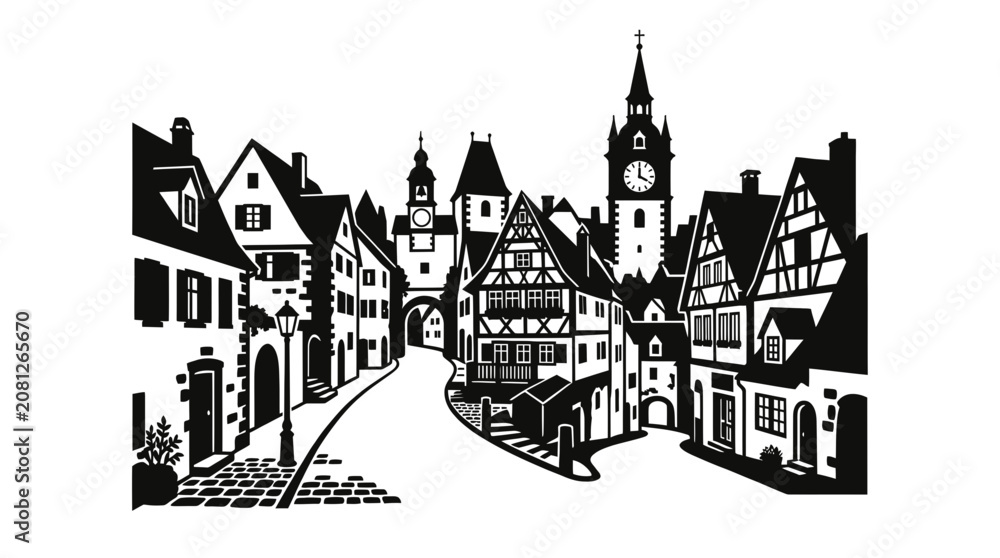Fototapeta premium Charming European Village Street Scene with Historic Architecture and Clock Tower