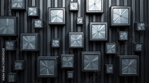 Many square wall clocks hanging on a dark textured background