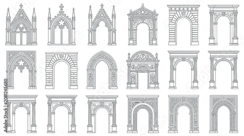 Photos Collection of ornamental architectural arches and gateways, vector outline drawings