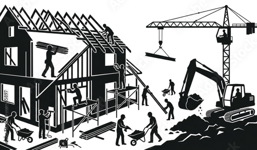 Canvastavla Residential Building Construction Site with Workers and Heavy Machinery House De