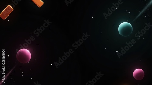 Abstract neon planets and geometric shapes floating in dark space background