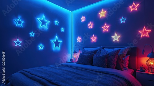Neon glowing star stickers on a blue bedroom wall in the dark night