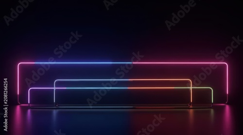 Abstract neon glowing rectangle frames on dark black background