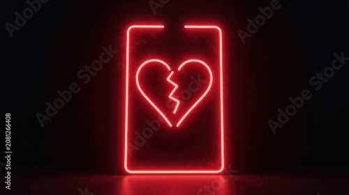 Glowing red neon sign of a broken heart shape on a dark black background