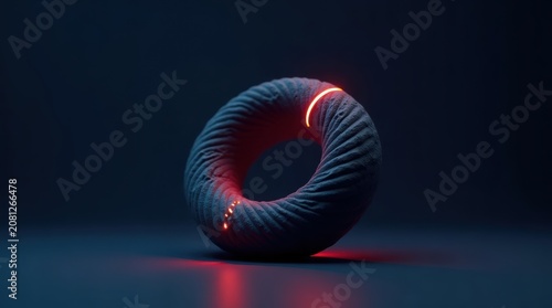 Abstract textured dark ring shape with glowing red light neon accents