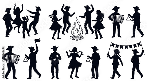 Set of people silhouettes celebrating brazilian festa junina vector. Traditional characters dancing quadrilha, playing accordion and triangle music instruments around the campfire.