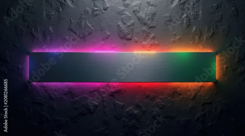 Rectangular banner with glowing neon lights on a dark textured wall surface