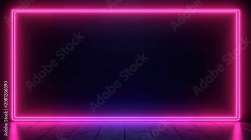 Bright glowing pink neon rectangle frame on a dark reflective surface