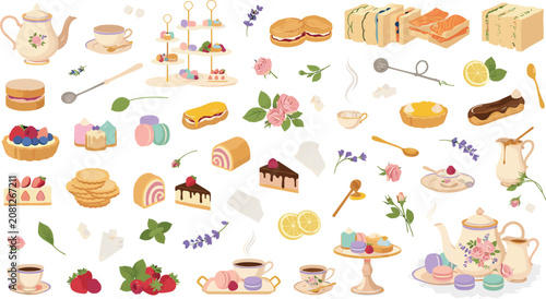 Photos Traditional British Afternoon Tea and High Tea Dessert Illustration SetTradition