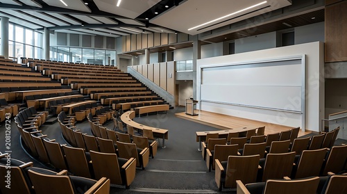 Modern University Lecture Hall with Tiered Seating and Projection Screen for Academic Presentations