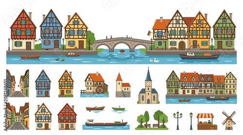Canvastavla Charming European Townscape with Half-Timbered Houses and Canal