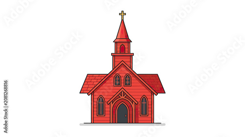 Canvastavla Red Wooden Church Building with Steeple and Cross Illustration