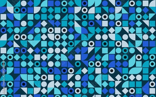 Geometric blue abstract seamless pattern with simple shapes and symbols.
