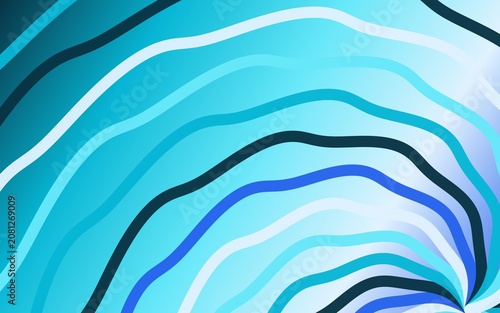 Abstract wavy lines in shades of blue and turquoise create background pattern.