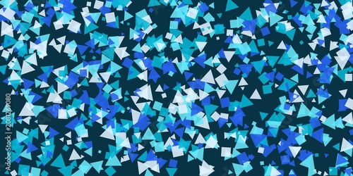 Abstract background with various blue geometric shapes flying like confetti.