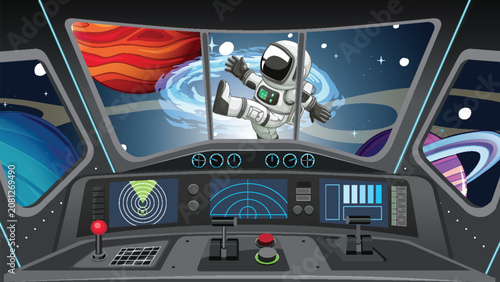 Vector Illustration of Astronaut Floating Outside Spaceship Cockpit Window