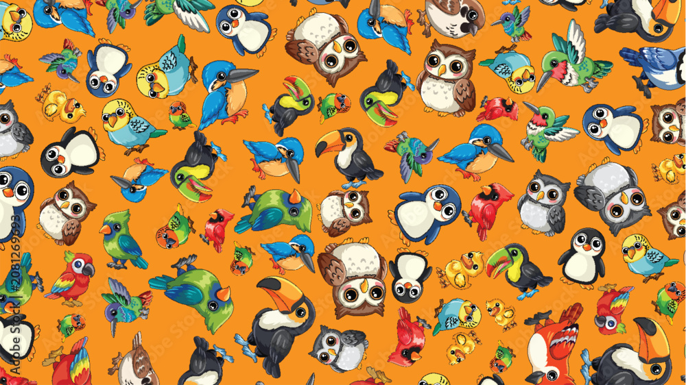 Fototapeta premium Seamless Vector Pattern of Colorful Cartoon Birds on Orange Background