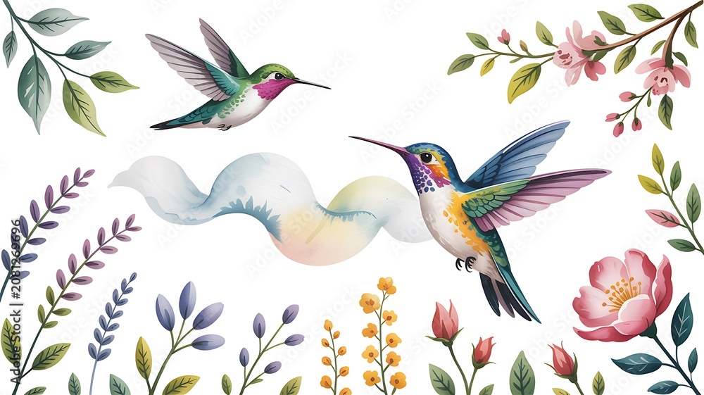 Fototapeta premium Watercolor depiction of colorful hummingbirds soaring above a vibrant border of diverse floral elements