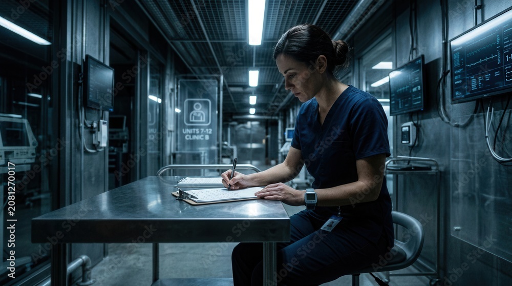 Fototapeta premium Nurse Analyzing Medical Chart In Clinical Environment