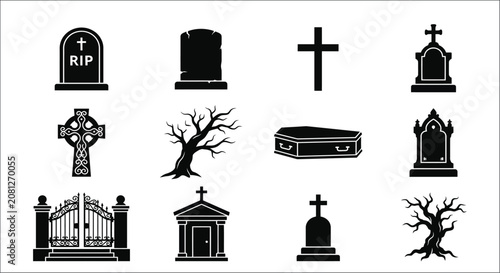 Photography Gravestone Collection Black Silhouette Icons On White Background