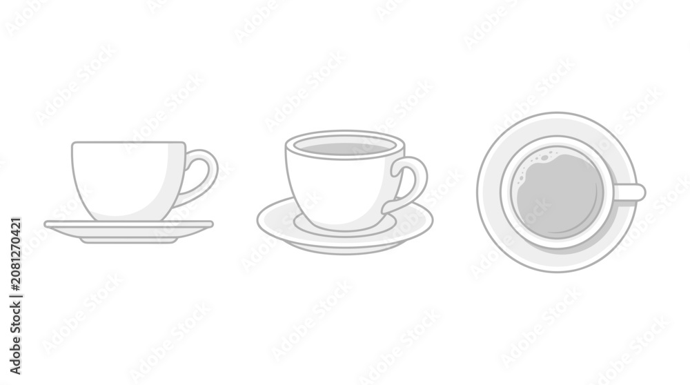 Fototapeta premium Set of three white coffee cups and saucers in different views