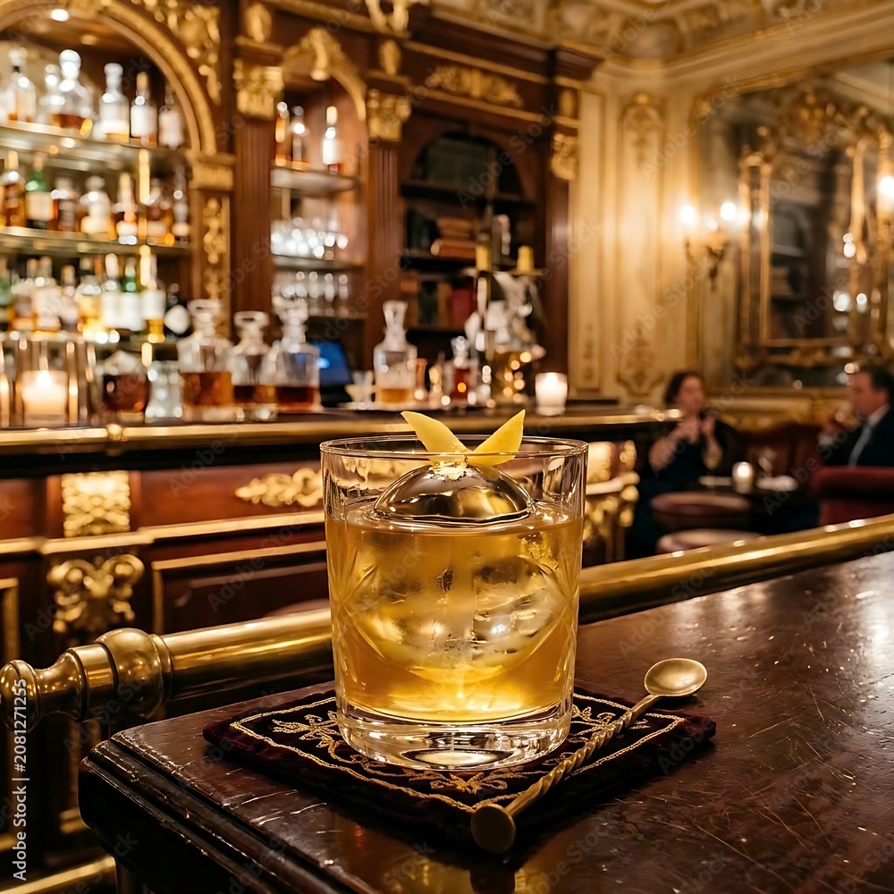Obraz premium A shimmering Gold Rush cocktail, its honeyed tones beautifully reflected by a large, , served in a delicate rocks glass
