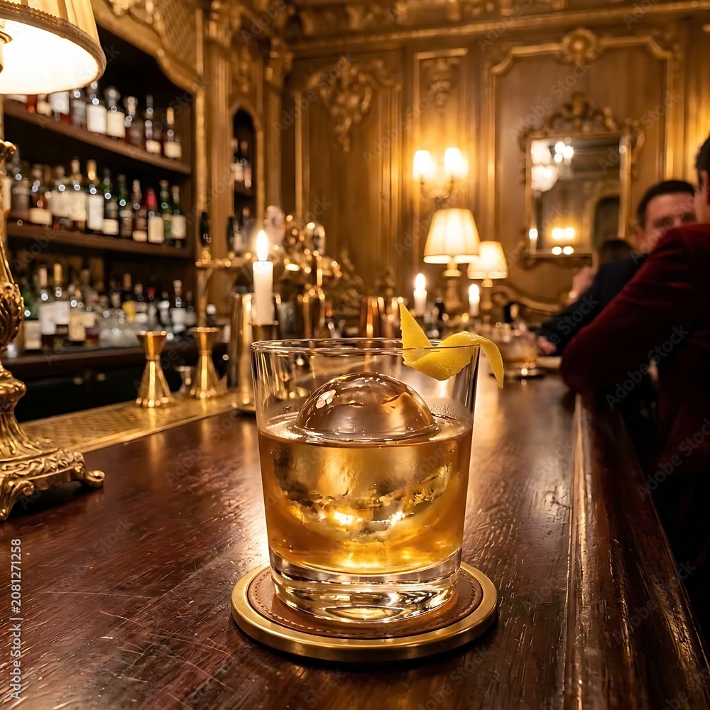 Obraz premium A shimmering Gold Rush cocktail, its honeyed tones beautifully reflected by a large, , served in a delicate rocks glass