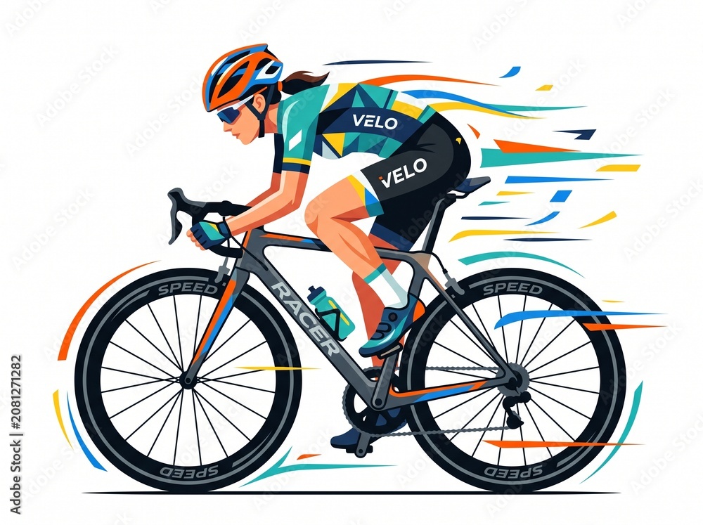 Fototapeta premium Female cyclist riding road bike fast at high speed in sports race