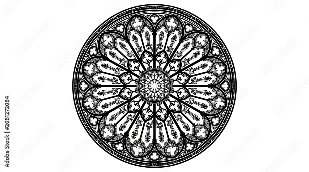 Φωτογραφία Gothic Rose Window Illustration, Circular Ornament, Intricate Design, Black and
