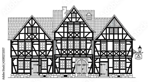 Fotografie Charming Half-Timbered Houses Facade, European Old Town Architecture, Black and