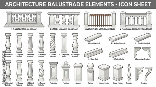 Schilderij op canvas Architecture Balustrade Elements Icon Sheet: Classical, Modern, Wright Design