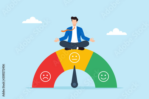 Tableau sur toile Flat illustration of businessman meditating on market sentiment gauge representi