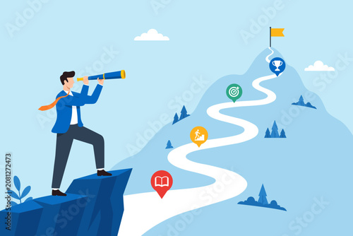Obraz na płótnie Flat illustration of businessman looking through telescope toward mountain path