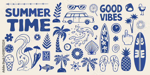 Photos summer time retro hand drawn vector illustration with palm trees surfboards and