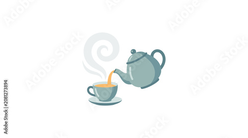 Teapot pouring hot tea into a cup and saucer, steam rising, isolated on white background.