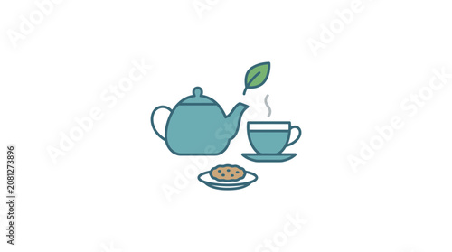 Tea Time Icon: Teapot, Cup, Saucer, Leaf, and Biscuit on White Background