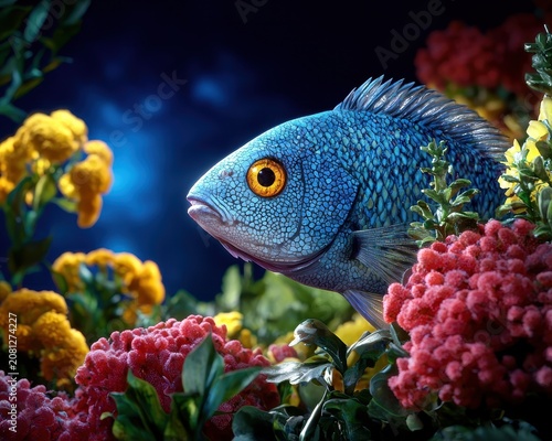 Blue Fish among Red and Yellow Flowers in Dark Setting
