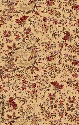 Floral damask pattern with autumn leaves and berries on beige background