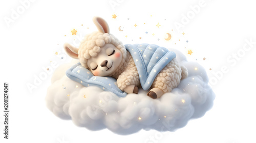 Cute cartoon lamb sleeping on a fluffy cloud with stars