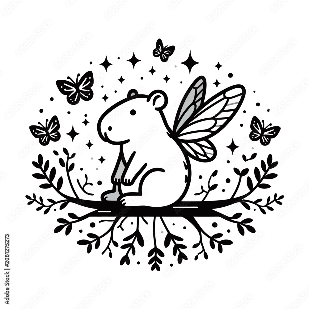 Fototapeta premium A whimsical illustration of a cute capybara with fairy wings sitting on a branch surrounded by butterflies and stars.