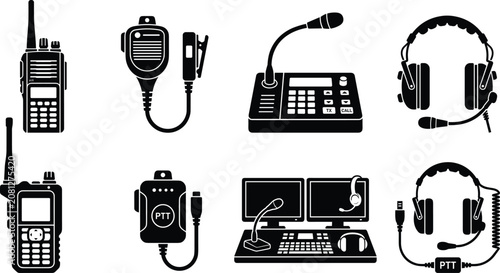 Quadro su tela Radio communication and dispatch operator equipment black silhouette icon set is