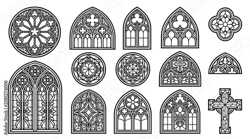 Gothic Stained Glass Window Designs and Cross Icon Set