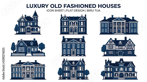 Luxury Old Fashioned Houses Icon Sheet Flat Design Blue